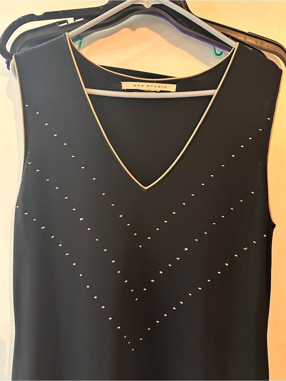 Max Studio Black Sleeveless V-Neck Top with Gold Dot Chevron Detail